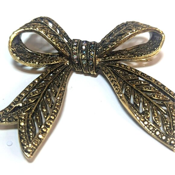 Vintage Antiqued Gold Tone Rhinestone Iridescent Bow Brooch Pin - Picture 2 of 3